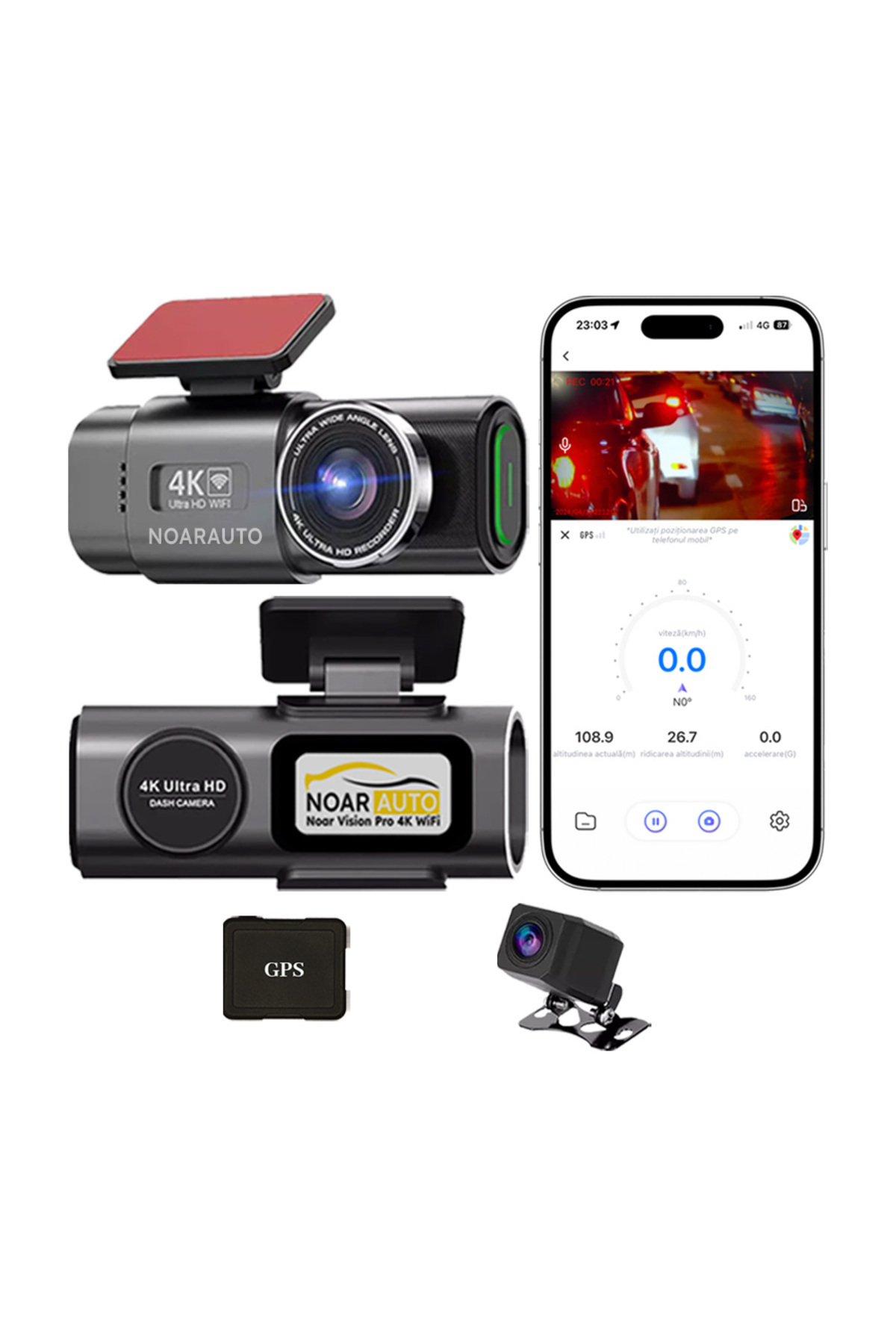 Noar Auto Noar Vision Pro 4K автомобилна камера, GPS, WiFi, задна 1080P, нощн...