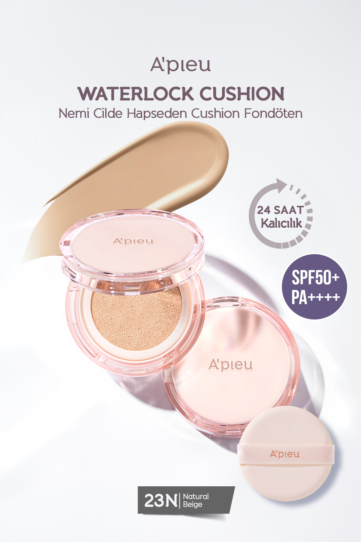 Missha 24 Saat Kalıcı Esans İçeren Nemlendirici Cushion A'PIEU Waterlock Cushion (23N) SPF50+/PA++++