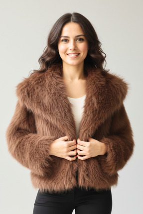 Pelinin Butiği Premium Kahverengi Peluş Kürk Geniş Yakalı