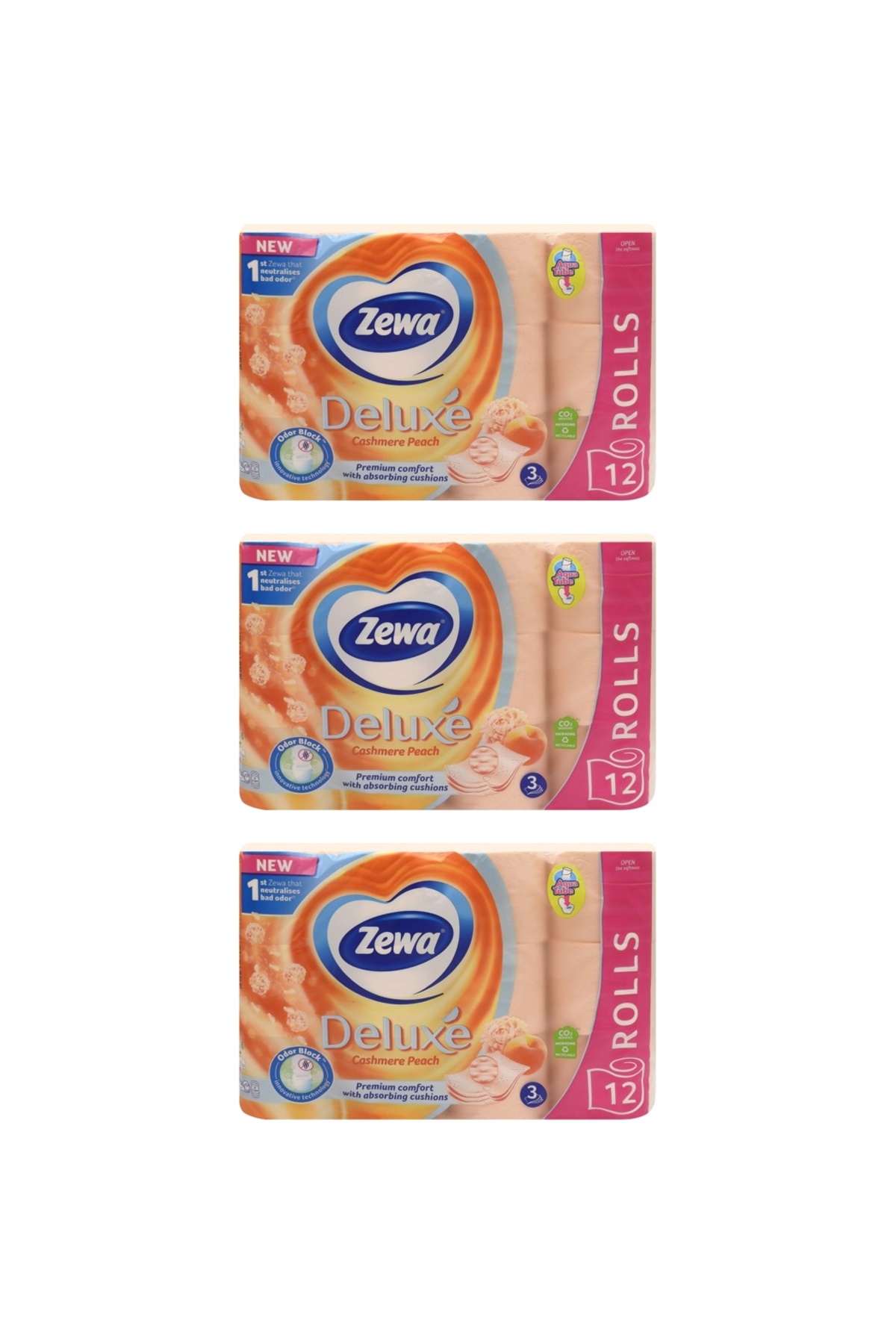 Zewa Комплект от 3 броя Тоалетна хартия 3 слоя 12 ролки Луксозен кашмир праскова