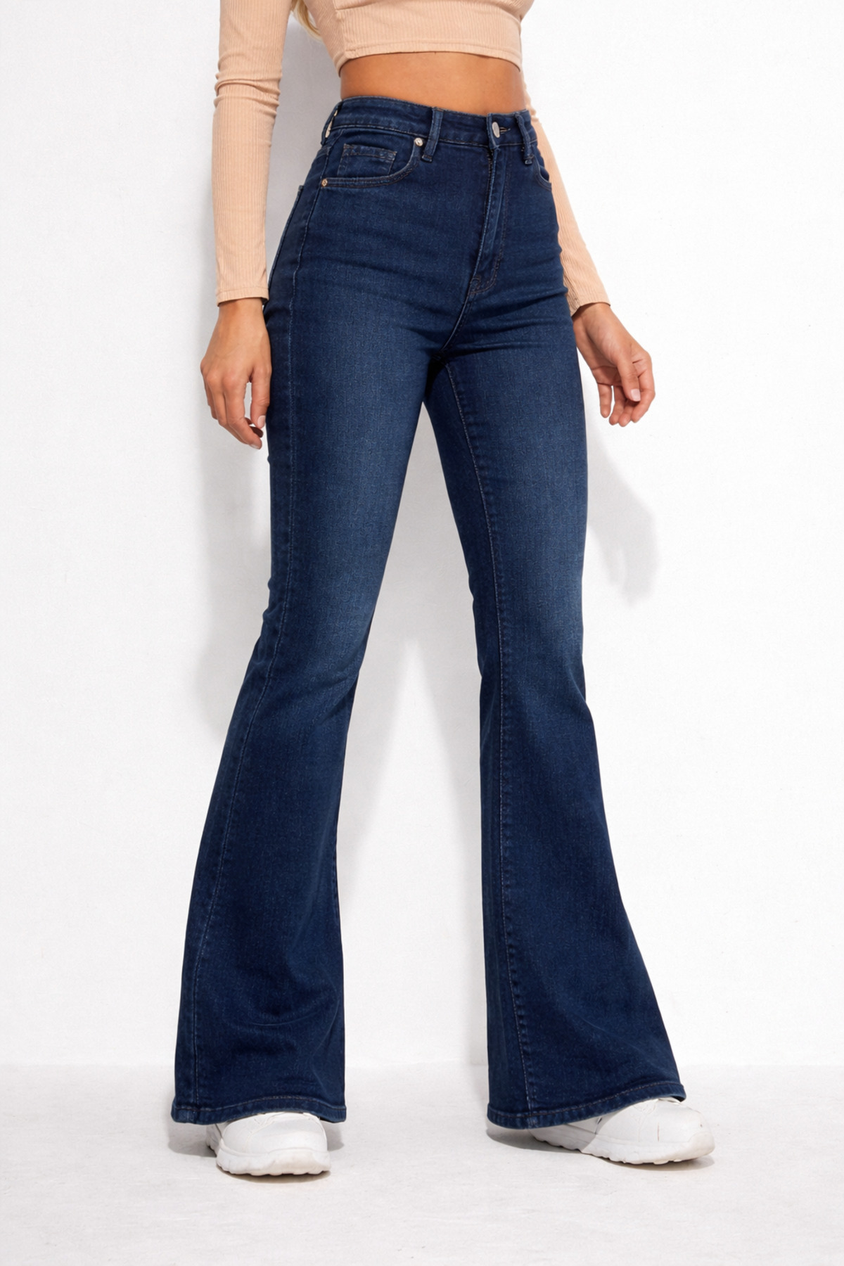 By Caspita Fashion Kadın Yüksek Bel Koyu Mavi İspanyol Paça Power Likra Kot Denim Jean görsel 3