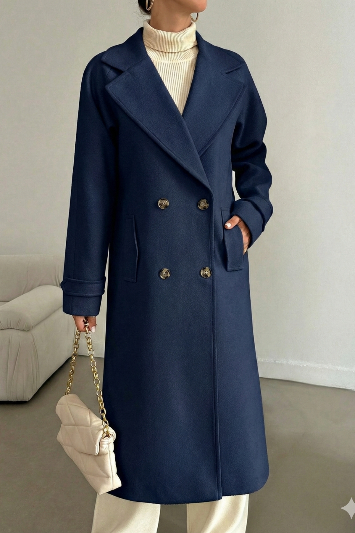 diaves  Lacivert Astarlı Manşet ve Cep Detay Uzun Kaşe Kaban - Görsel 4