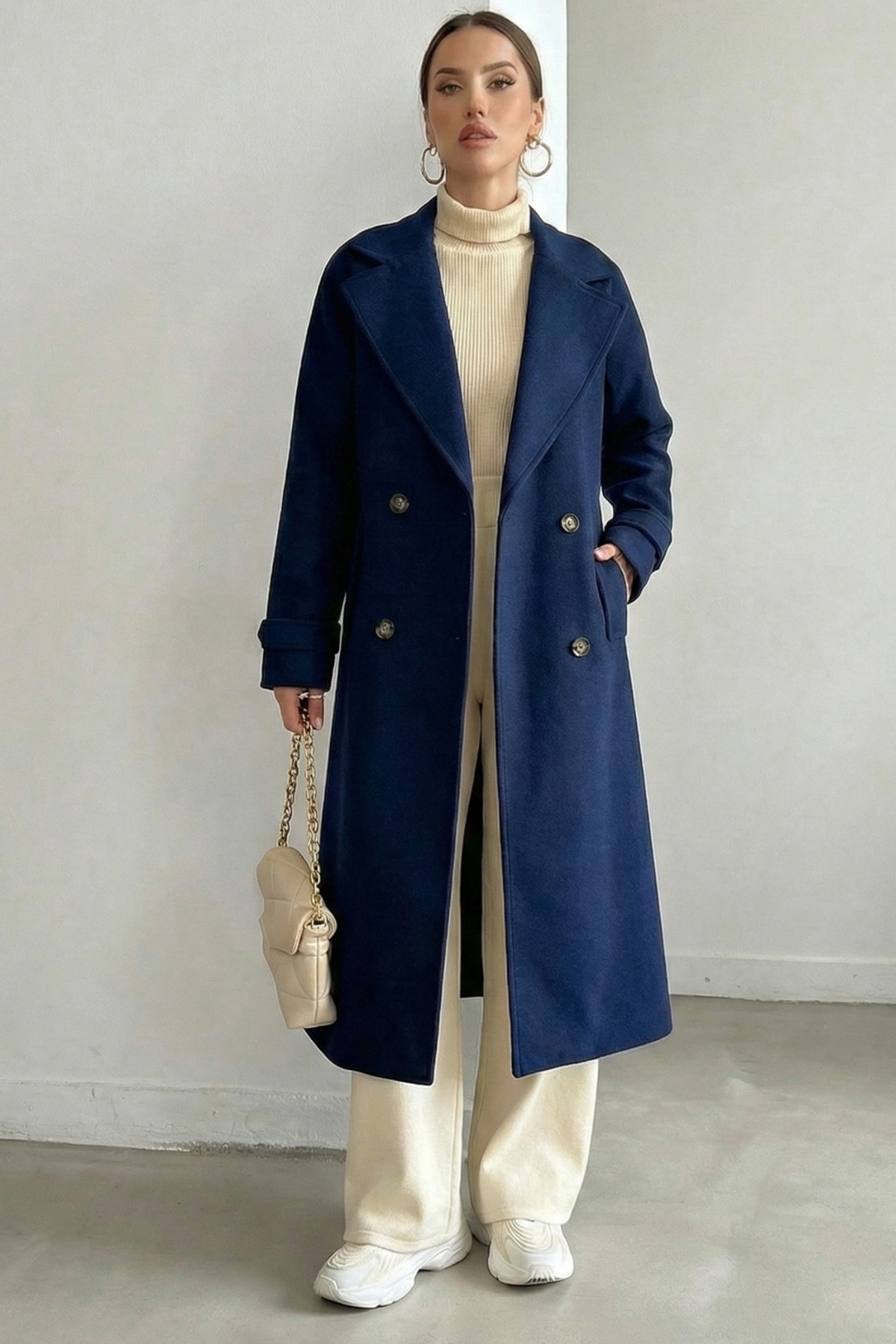 diaves  Lacivert Astarlı Manşet ve Cep Detay Uzun Kaşe Kaban - Görsel 3