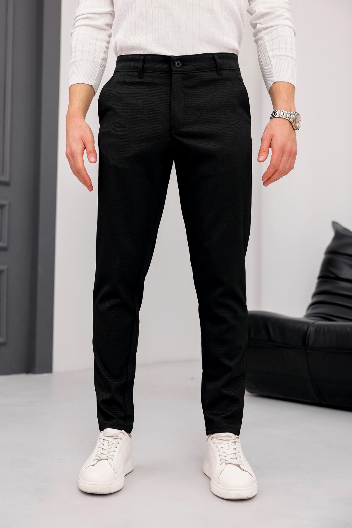 MODAMESTO Erkek Siyah Slim Fit Armür Desenli Likralı Pantolon görsel 2