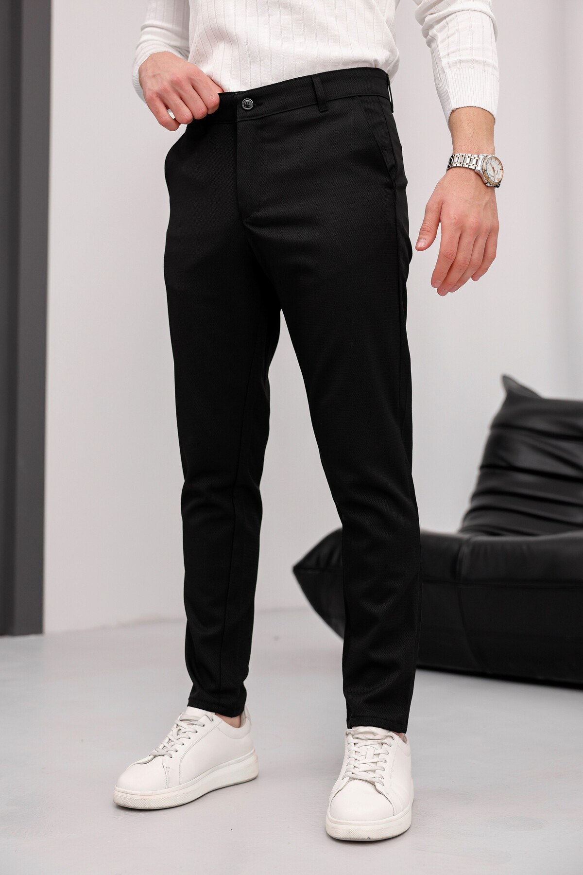 MODAMESTO Erkek Siyah Slim Fit Armür Desenli Likralı Pantolon görsel 7