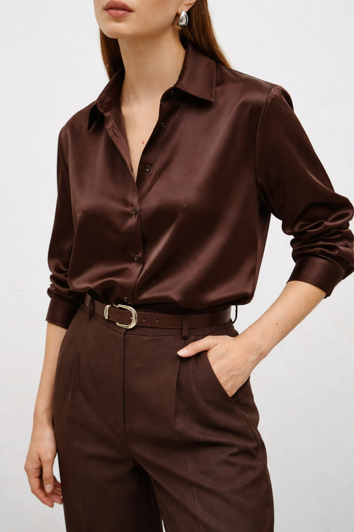 Ruby Wear  Kadın Saten Dökümlü Rahat Kalıp Günlük Gömlek