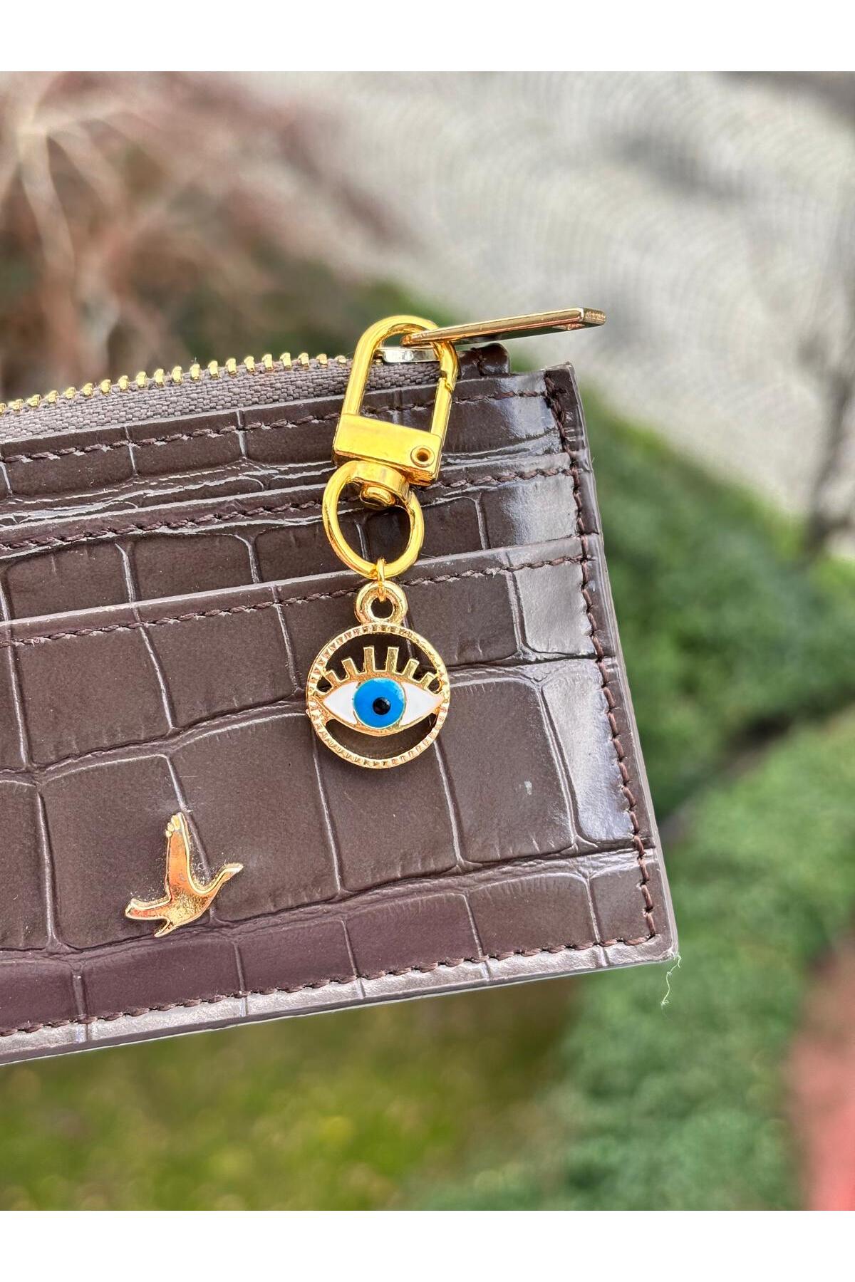 Evil Eye Gold Plated Detailed Wallet Ornament with Clip Charm Bag Ornament Keychain