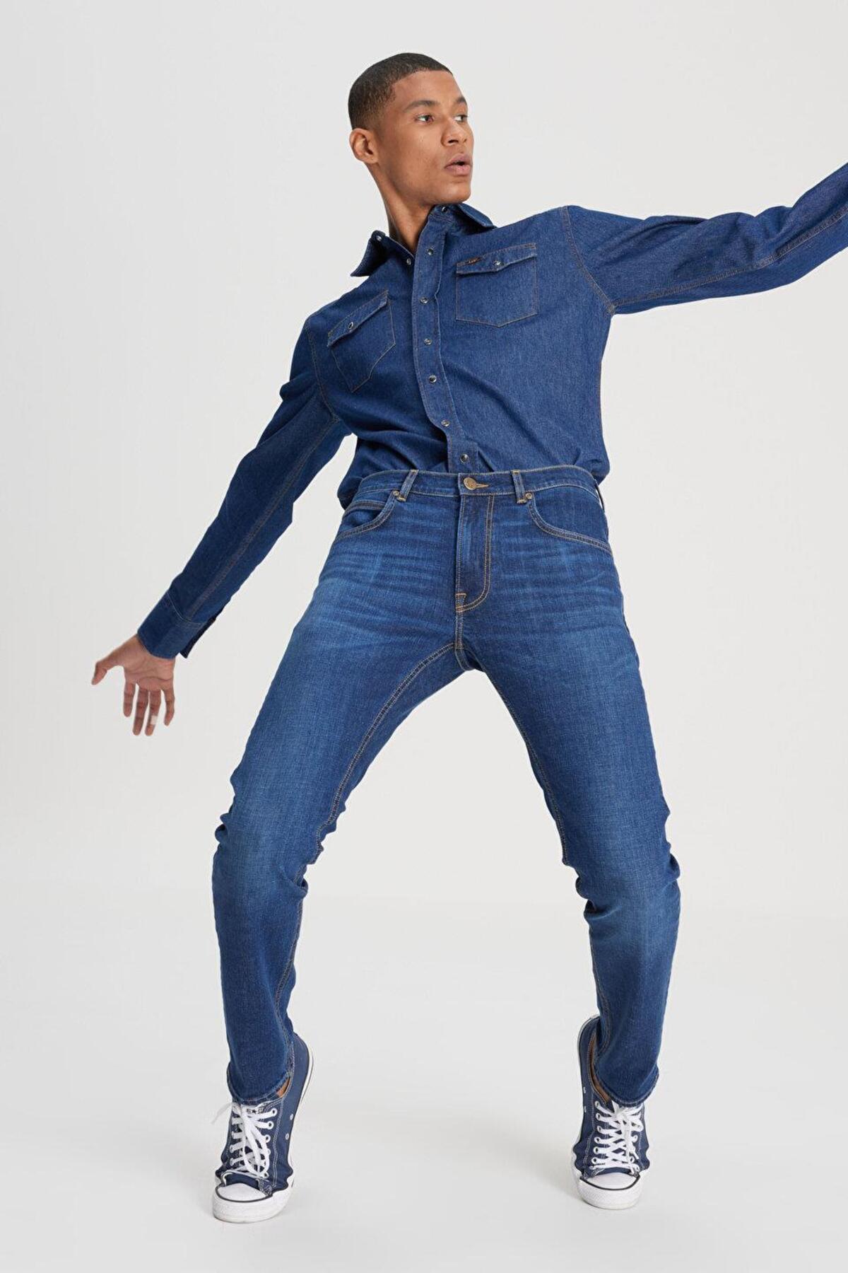 Lee  Slim Fit Dar Kesim Normal Bel Dar Paça Luke Koyu Mavi Jean Kot Pantolon - Görsel 5