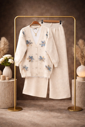 semela Çiçekli Triko Takım (Ten Krem )