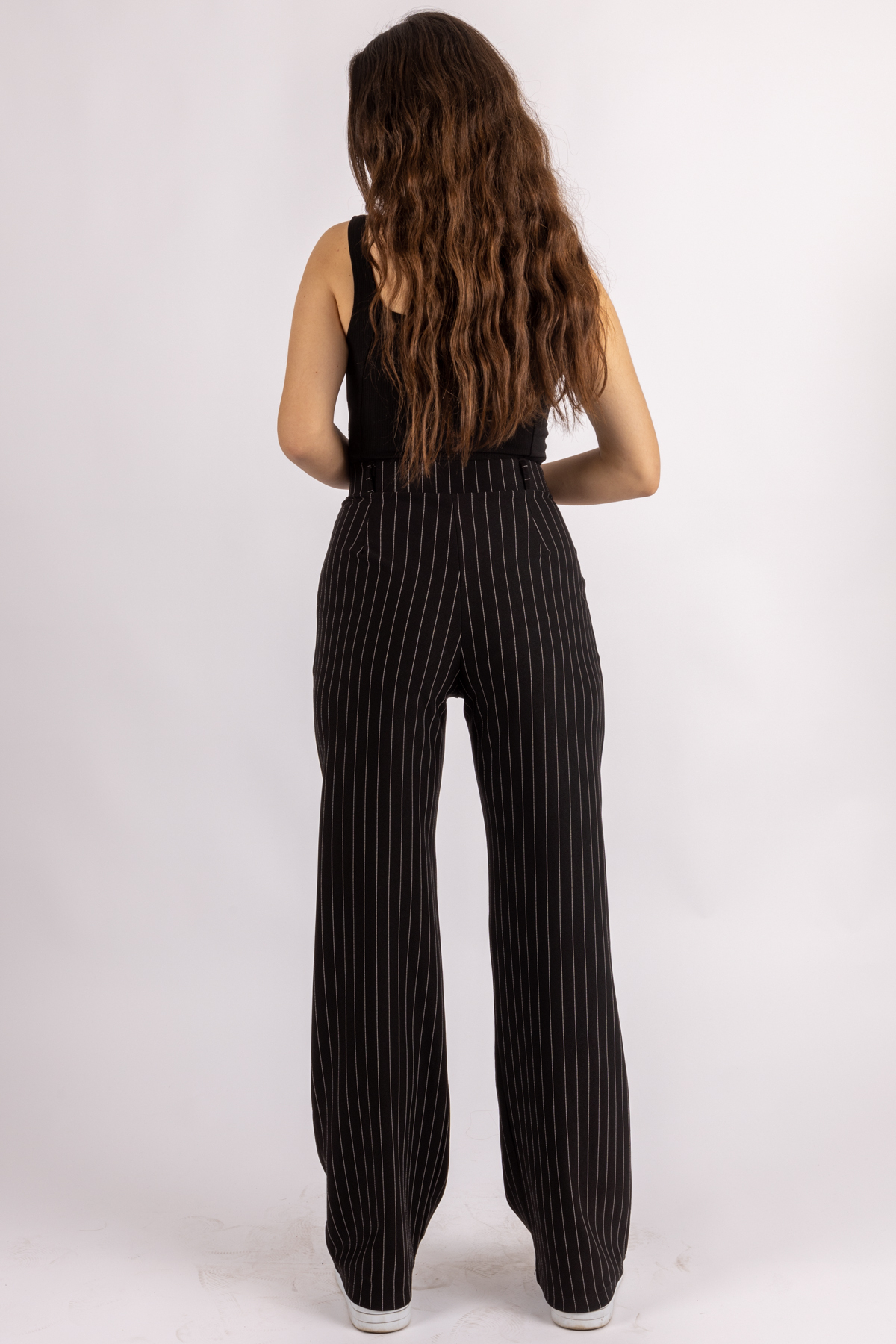 FV  Palazzo Pantolon Oversize Kesim Dügmeli Cizgili Likrali Kadın Pantolon - Görsel 3