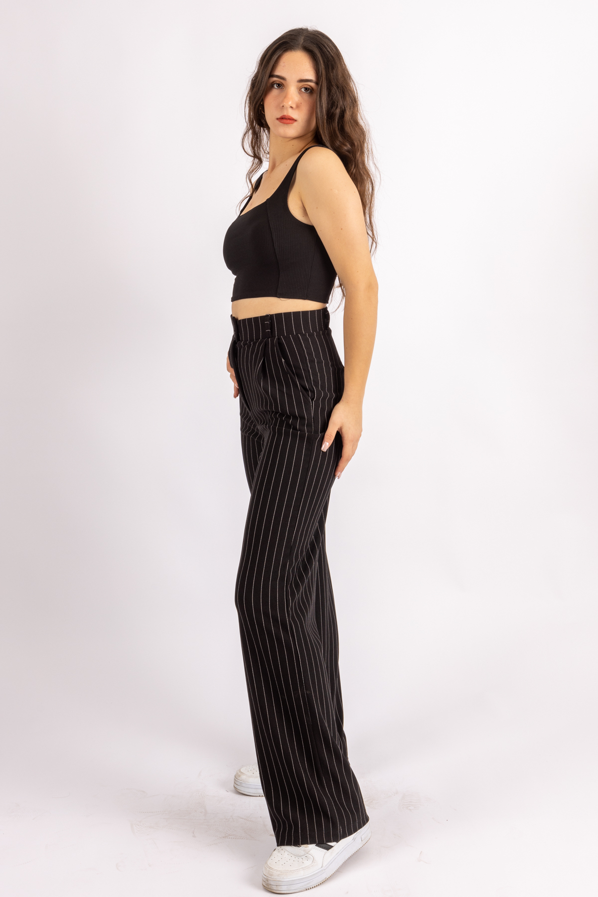 FV  Palazzo Pantolon Oversize Kesim Dügmeli Cizgili Likrali Kadın Pantolon - Görsel 2