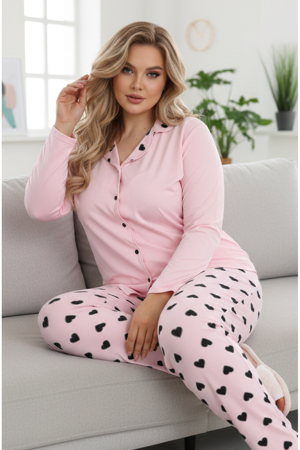 Siyah İnci pembe Desenli Büyük Beden Battal Boy Gömlek Yaka Düğmeli Milan Örme Pijama Takım25224313