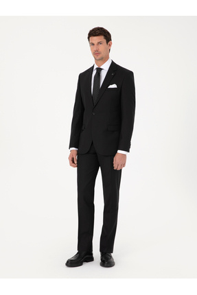 Cacharel Siyah Slim Fit Yün Karışımlı Mikro Desenli Takım Elbise 50318023-VR046