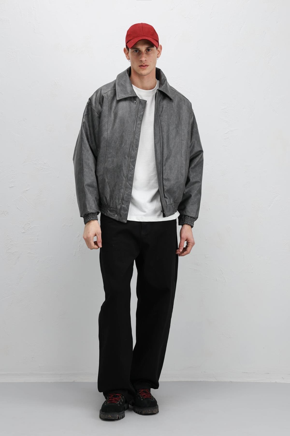 VAMOSCLO Oversize Deri Bomber Ceket Gri görsel 5
