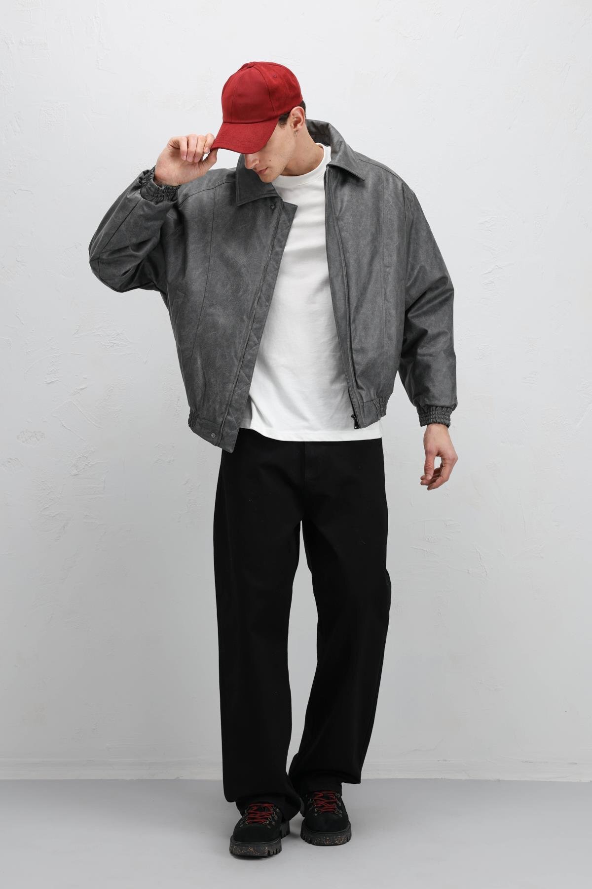 VAMOSCLO Oversize Deri Bomber Ceket Gri görsel 4
