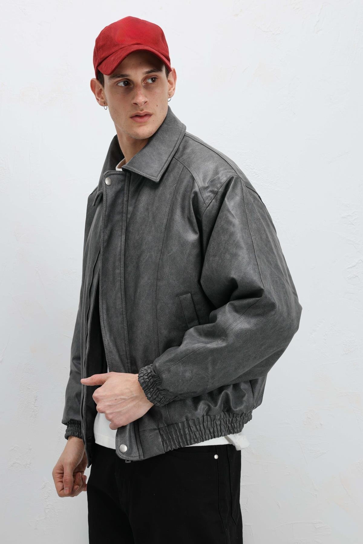 VAMOSCLO Oversize Deri Bomber Ceket Gri görsel 6