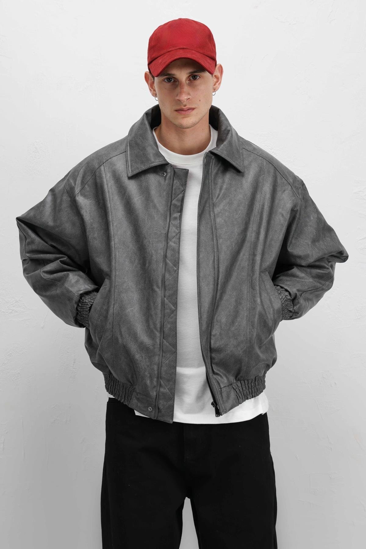 VAMOSCLO Oversize Deri Bomber Ceket Gri