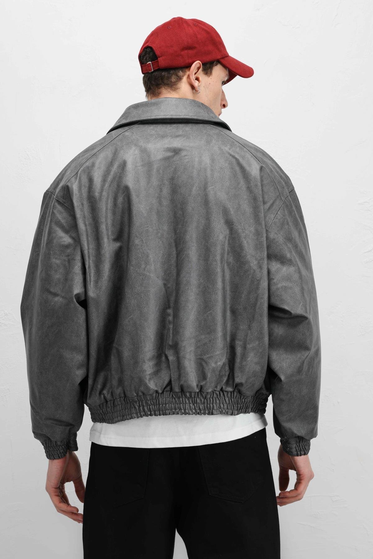 VAMOSCLO Oversize Deri Bomber Ceket Gri görsel 8