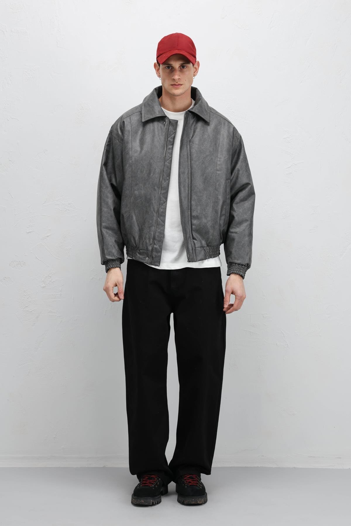 VAMOSCLO Oversize Deri Bomber Ceket Gri görsel 2