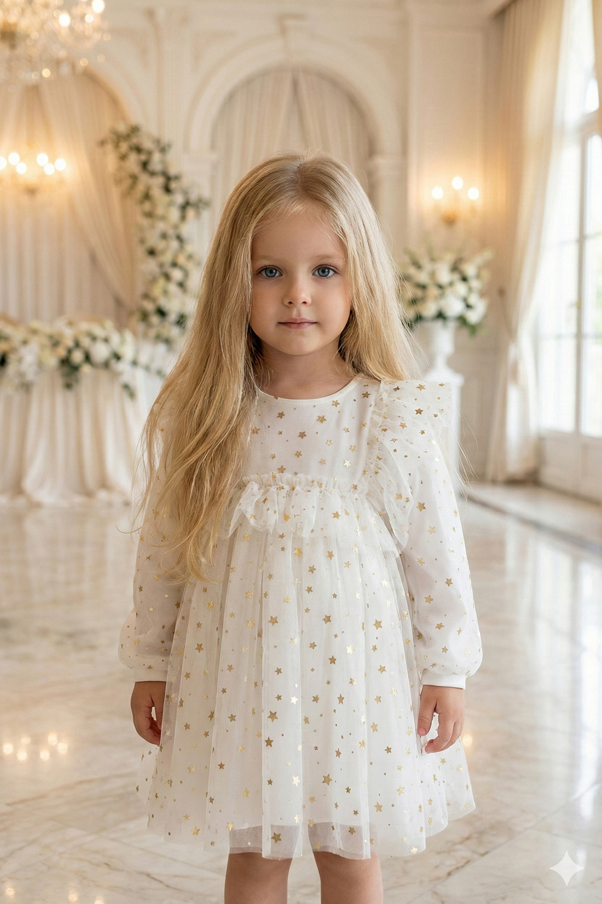 ALYRA Kız Bebek Çocuk Yıldızlı Tüllü Uzun Kollu Penye Astarlı Doğum Günü Özel Gün Parti Bayramlık Elbise fotoğrafı 4 (önizleme)