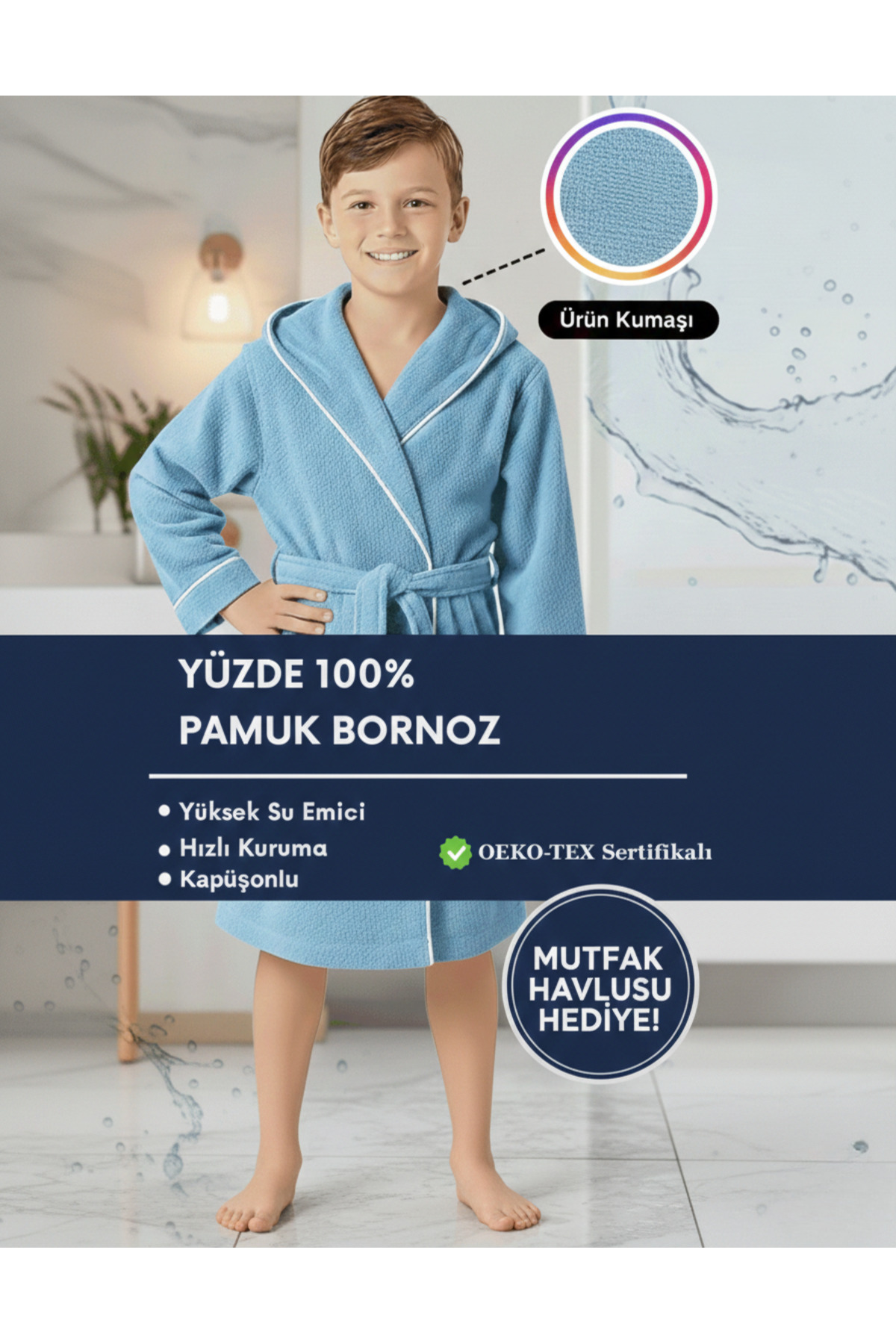 Layvera Kız-Erkek Çocuk Bornozu %100 Pamuk | Kapüşonlu – Cepli – Yumuşak – Biyeli – Turkuaz fotoğrafı 4 (önizleme)