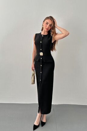 Elbee Fashion Woman Siyah Gold Aksesuar Detaylı Cepli Elbise