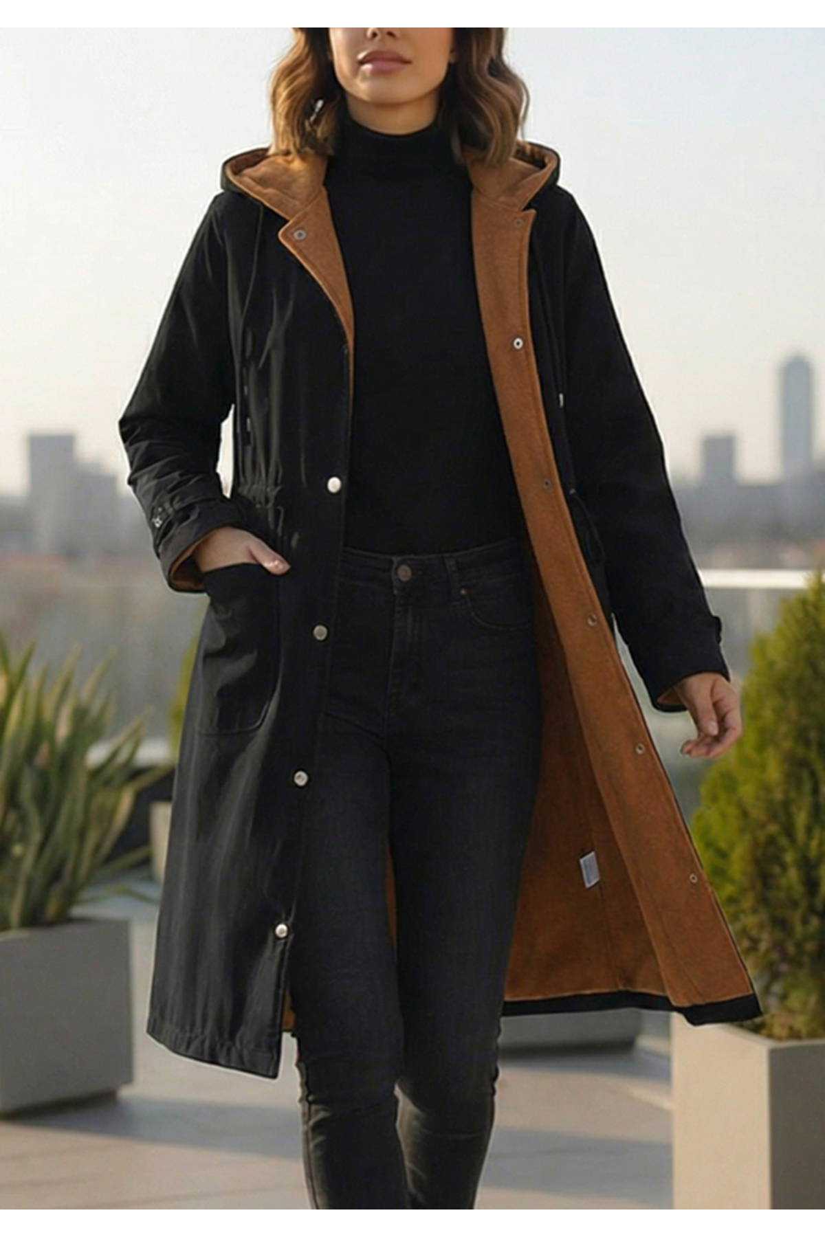 Little Visqon  Kadın Siyah Su Geçirmez Mikro Kumaş Kapüşonlu İçi Viskon Karışımlı Kaşe Astarlı Midi Boy Mont