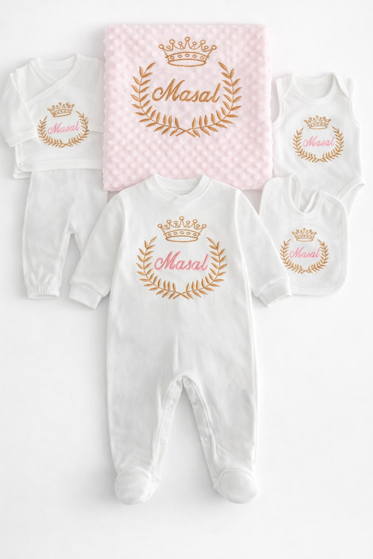Name Embroidered Newborn Hospital Exit Set – 10 Pieces with Pink Blanket