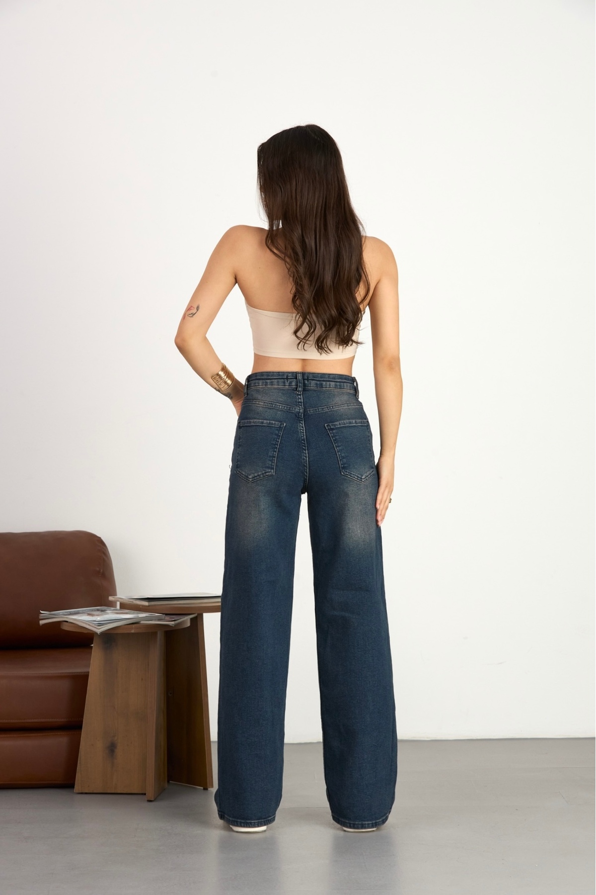 alanora  Kadın Yüksek bel Soluk Efektli Vintage Palazzo Jeans - Görsel 4