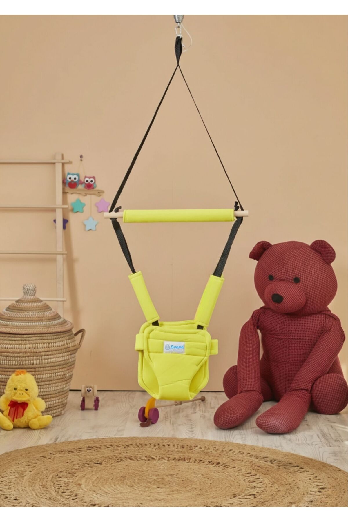 Svava Hoppala Zıpzıp Yüz Korumalı Kanguru, Yaylı Denge Bebek Yürüteci Doğal Ahşap Sarı fotoğrafı 2 (önizleme)