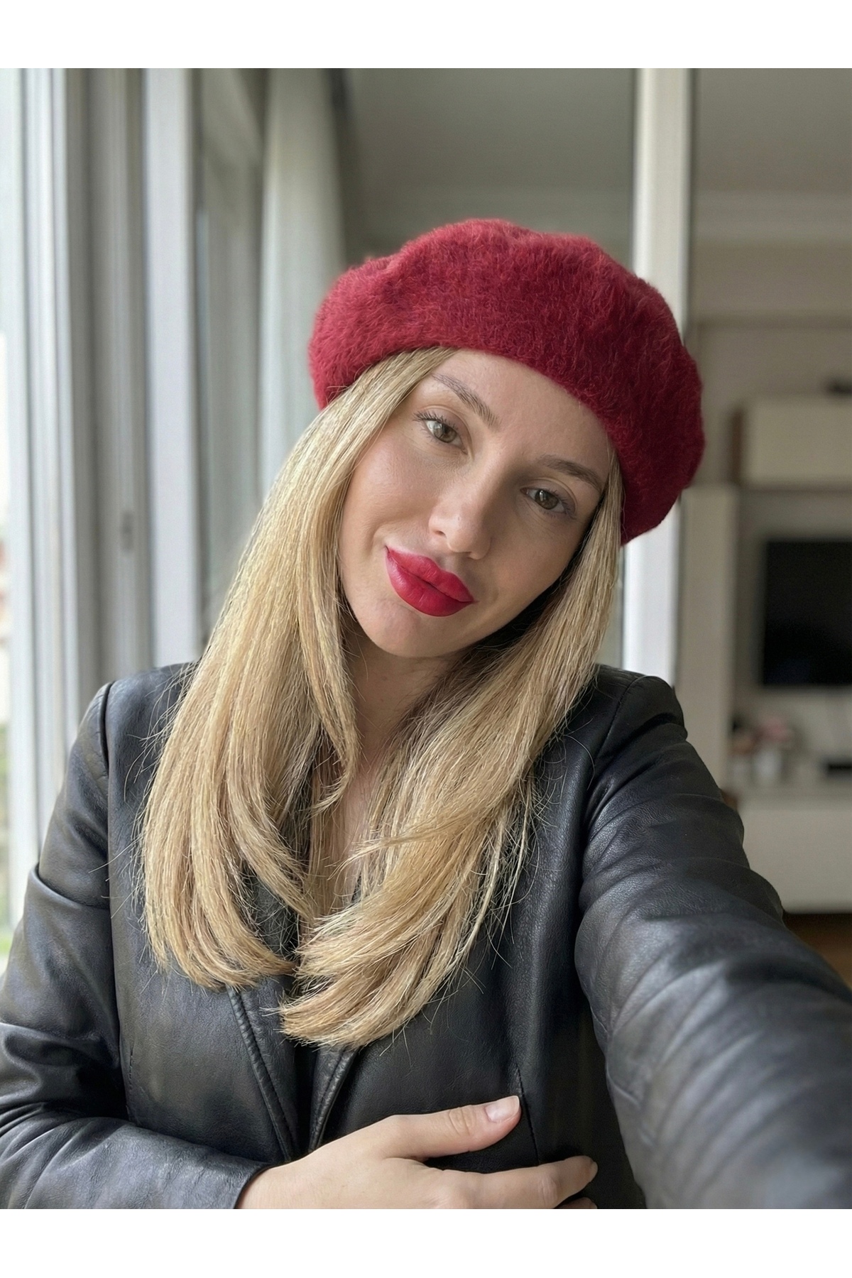 Goldmine Kadın Peluş Tüylü Fransız Ressam Bere Kırmızı görsel 2