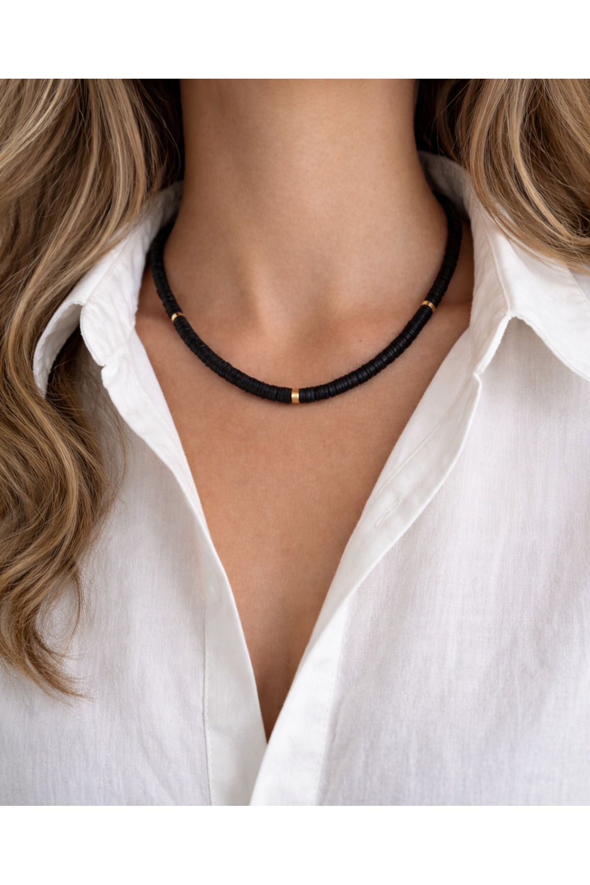 Black Fimo Necklace | Women's Fimo Beads Necklace with Gold Detail