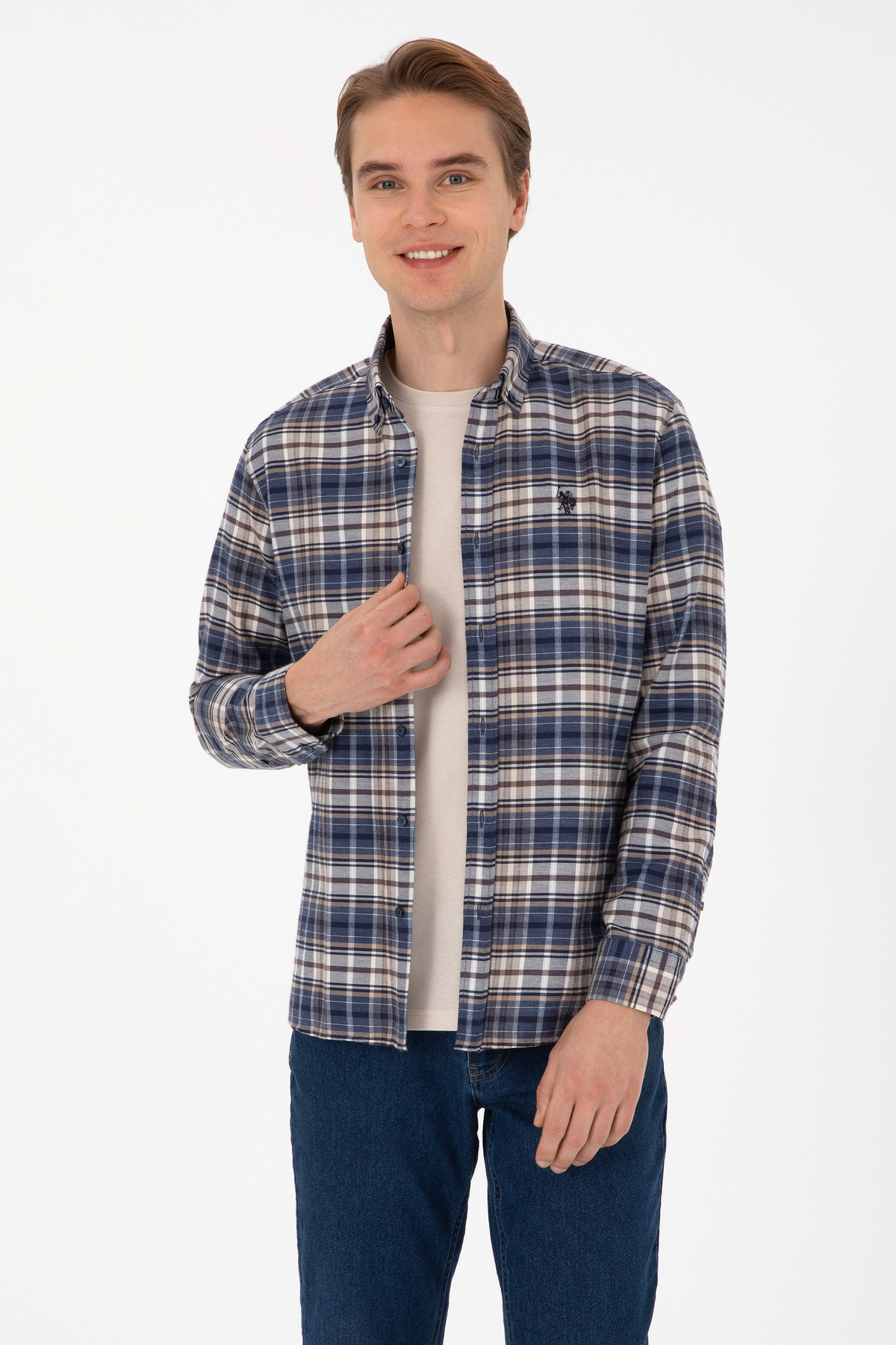 یو اس پولو پیراهن مردانه آستین بلند چهارخانه سرمه‌ای روشن کد ۵۰۳۰۸۵۷۵-VR۰۵۹