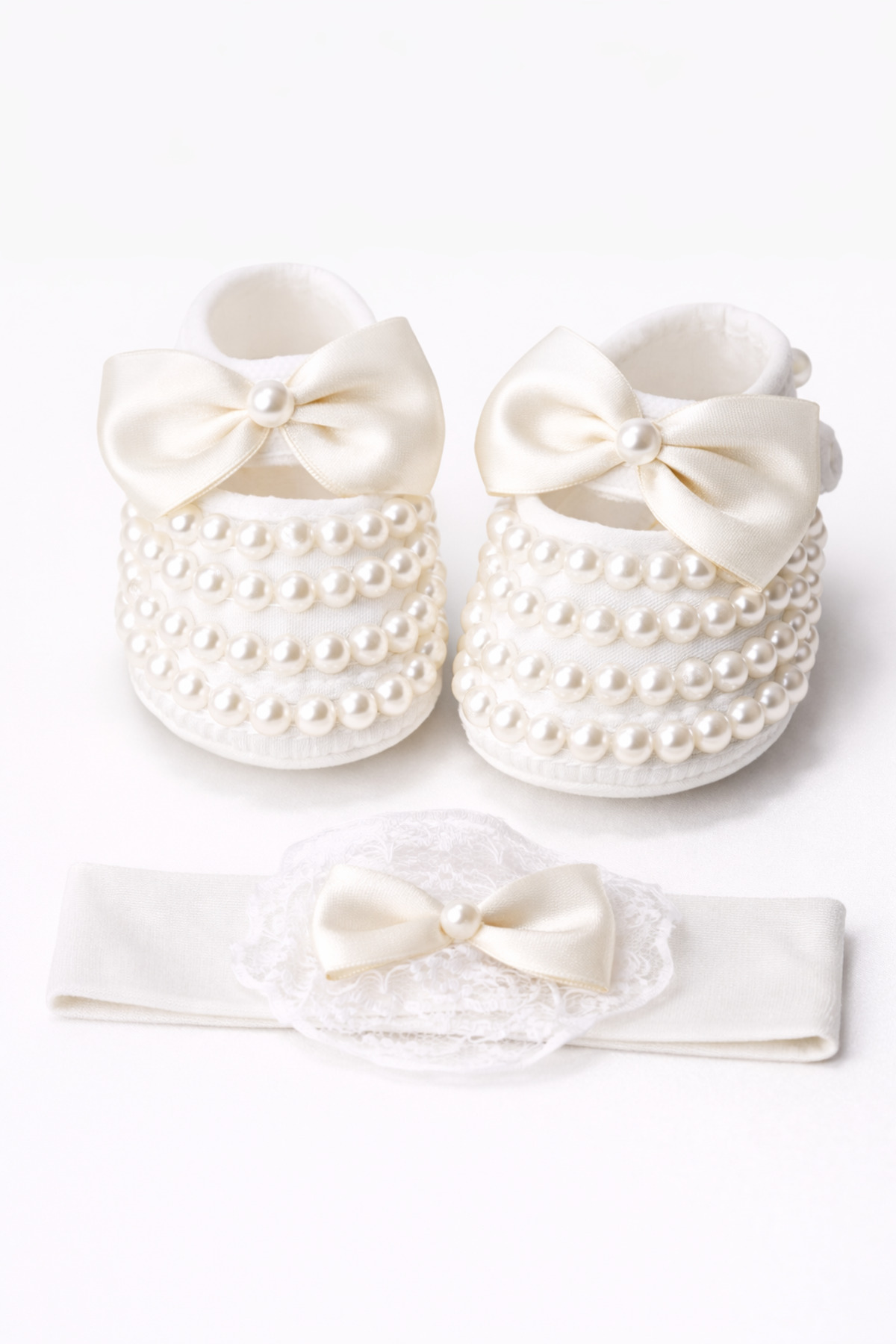sarishco Kız Bebek Fiyonk Detaylı Parlak Incili Ayakkabı Patik - Saç Bandı Set Bebek Hediyelik (10 cm) fotoğrafı 2 (önizleme)