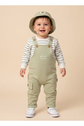 Childona Baby Kids Şapka Detaylı Çizgi Baskılı Omuzdan Çıtçıtlı Badi Askılı S...