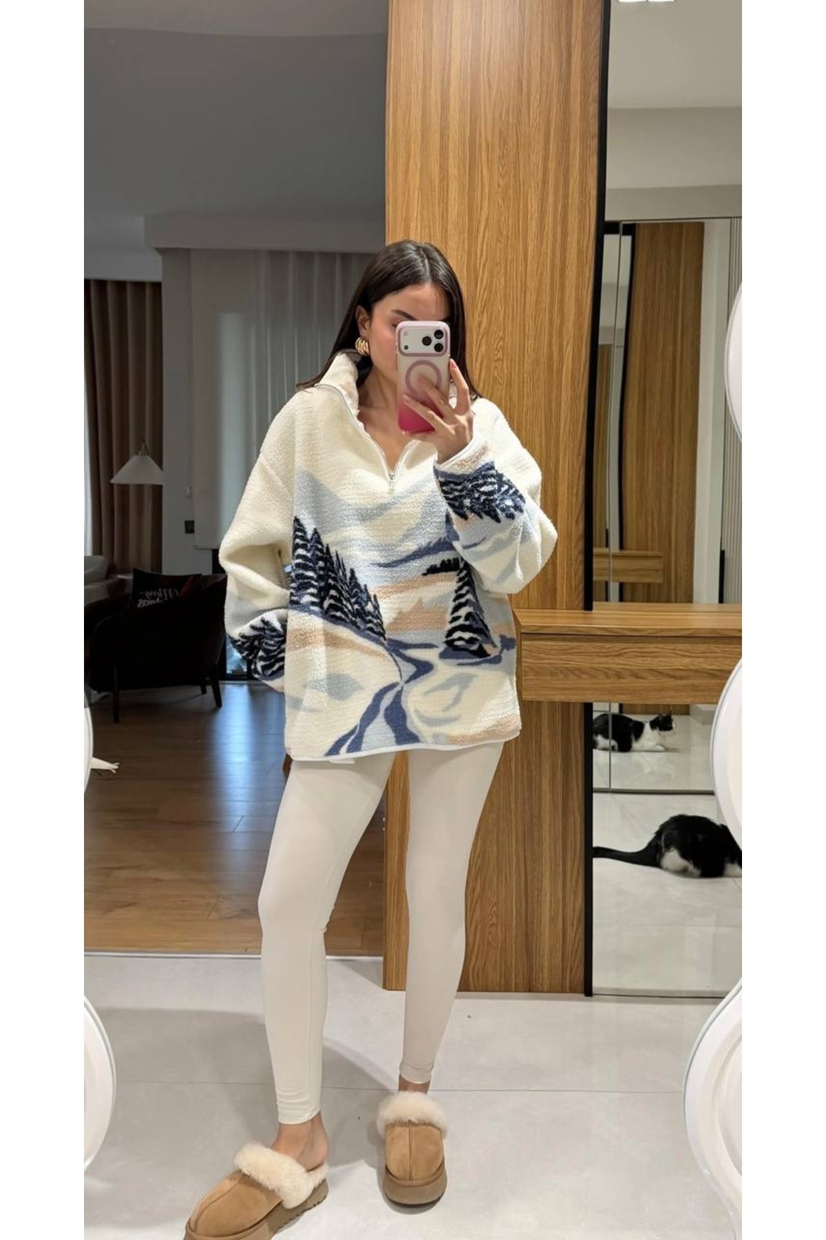 mzr Half Zipper Mock Neck Landscape Patterned Sweatshirt- Trendyol