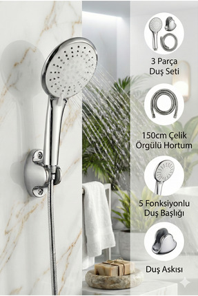 Plodna House Kaliteli 5 Fonksiyonlu Büyük Boy Krom Duş Başlığı 150cm Örgülü H...