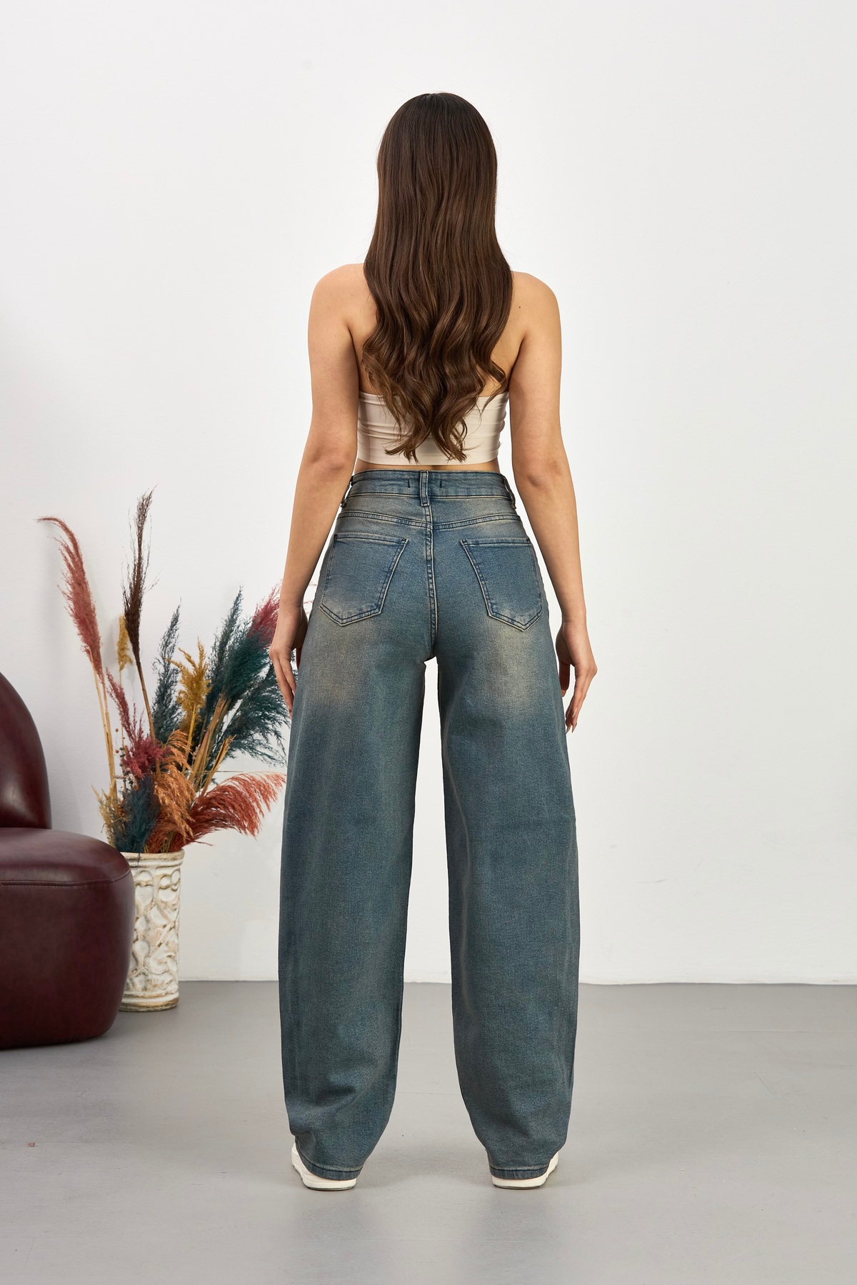 BİKELİFE  Kadın Street Style Bol Kesim Geniş Paça Baggy Kot Pantolon - Görsel 4