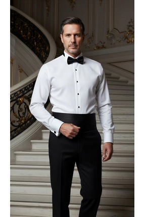 MEGALDİ Erkek Damatlık Ata Yaka Gömlek Siyah Düğmeli Beyaz