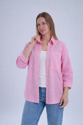 BYMEER Toz Pembe Flamlı %100 Pamuk Keten Gömlek