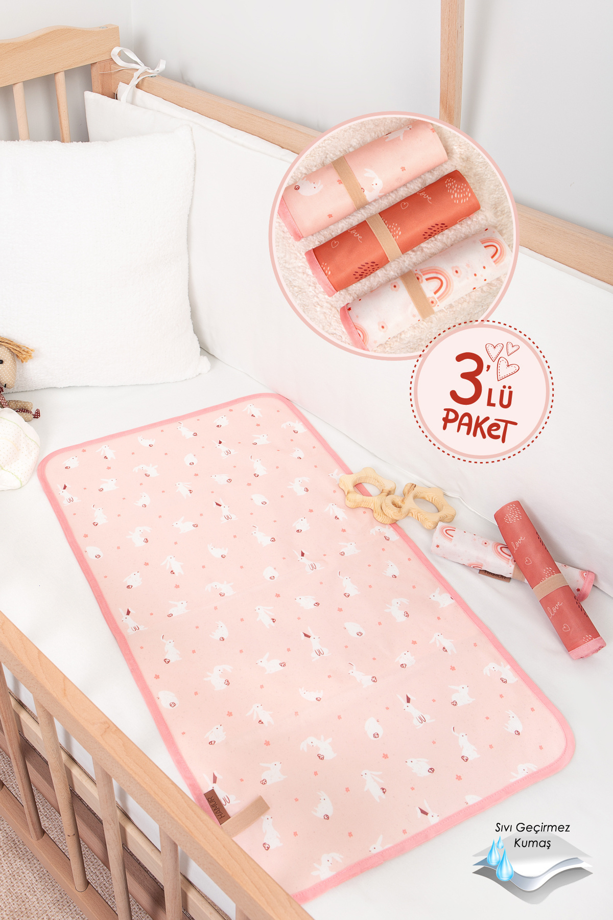 HAMUR Baby Proof 3'lü Alt Açma Değiştirme Örtüsü Sıvı Geçirmez Koruyucu Alez Yıkanabilir Bebek Bakım Pedi fotoğrafı 2 (önizleme)