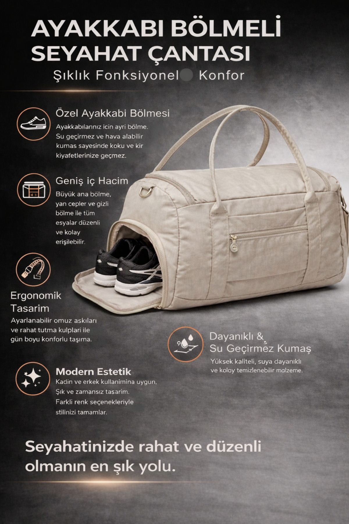 KAFF  Bej Krinkıl Kumaş Ayakkabı Bölmeli 0818 Önü Cepli Su Geçirmez Omuz Askılı Spor Ve Seyahat Çantası - Görsel 8