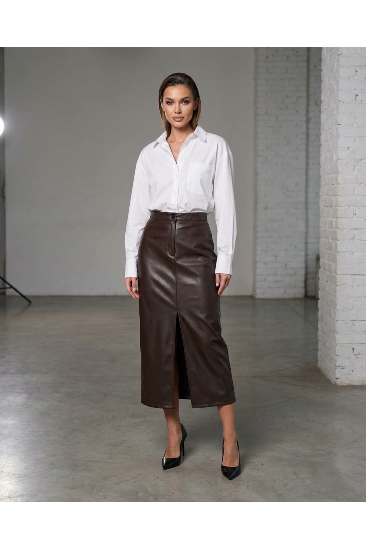 Grenj Fashion  Kahverengi Yırtmaçlı Suni Deri Yüksek Bel Maxi Etek - Görsel 5