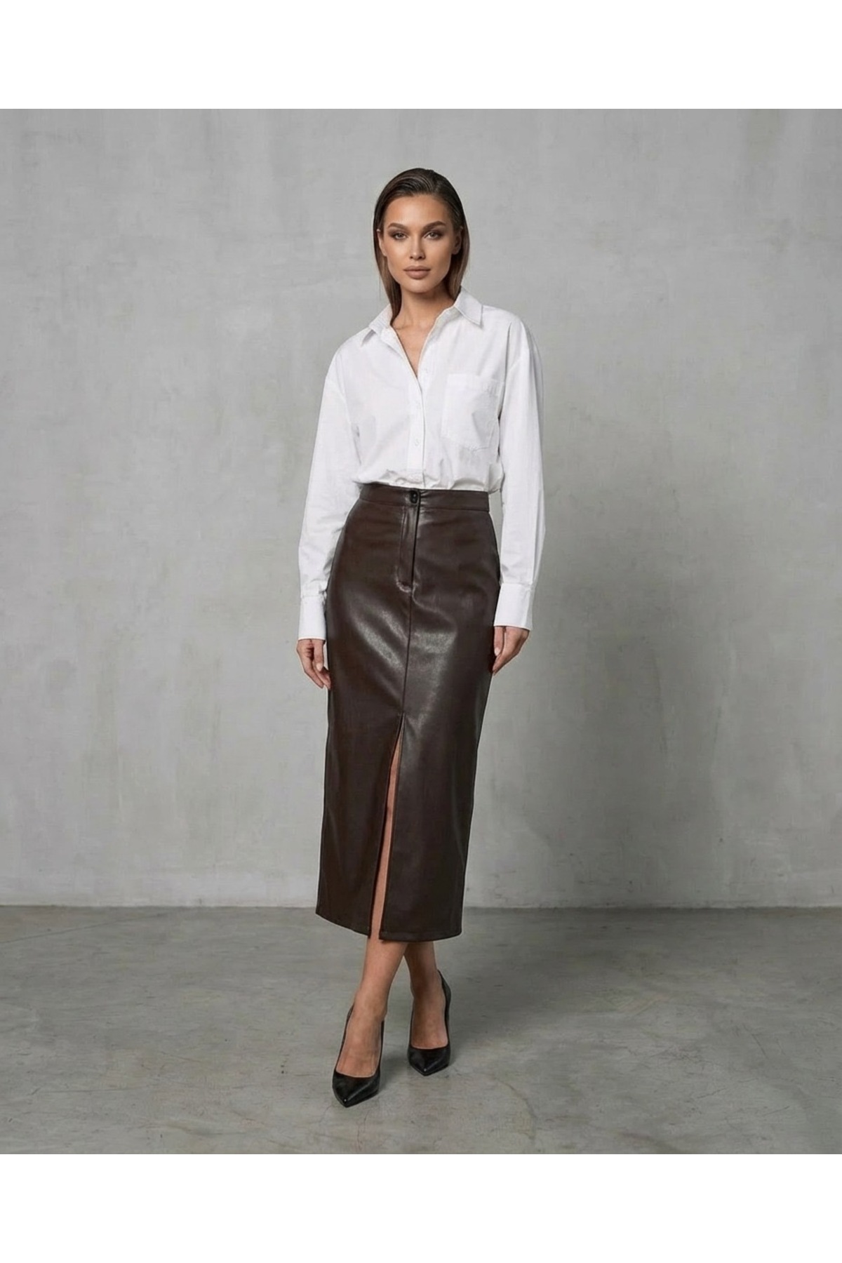 Grenj Fashion  Kahverengi Yırtmaçlı Suni Deri Yüksek Bel Maxi Etek