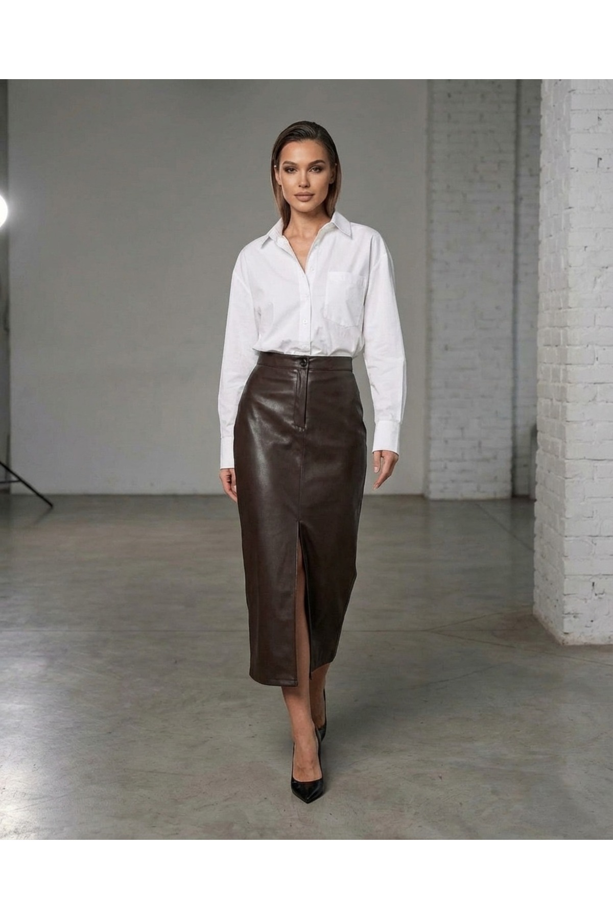 Grenj Fashion  Kahverengi Yırtmaçlı Suni Deri Yüksek Bel Maxi Etek - Görsel 2