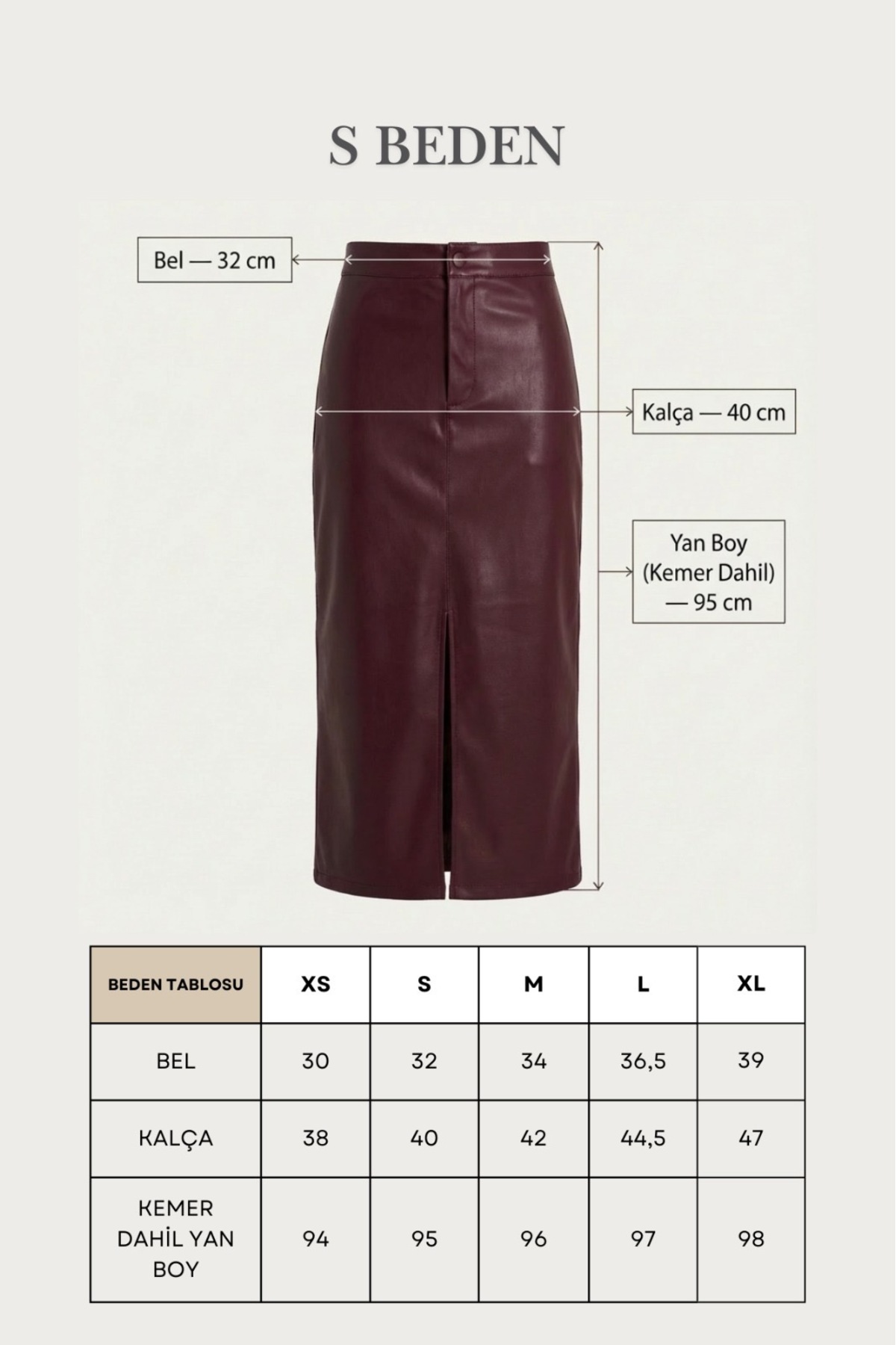 Grenj Fashion Bordo Yırtmaçlı Suni Deri Yüksek Bel Maxi Etek görsel 6