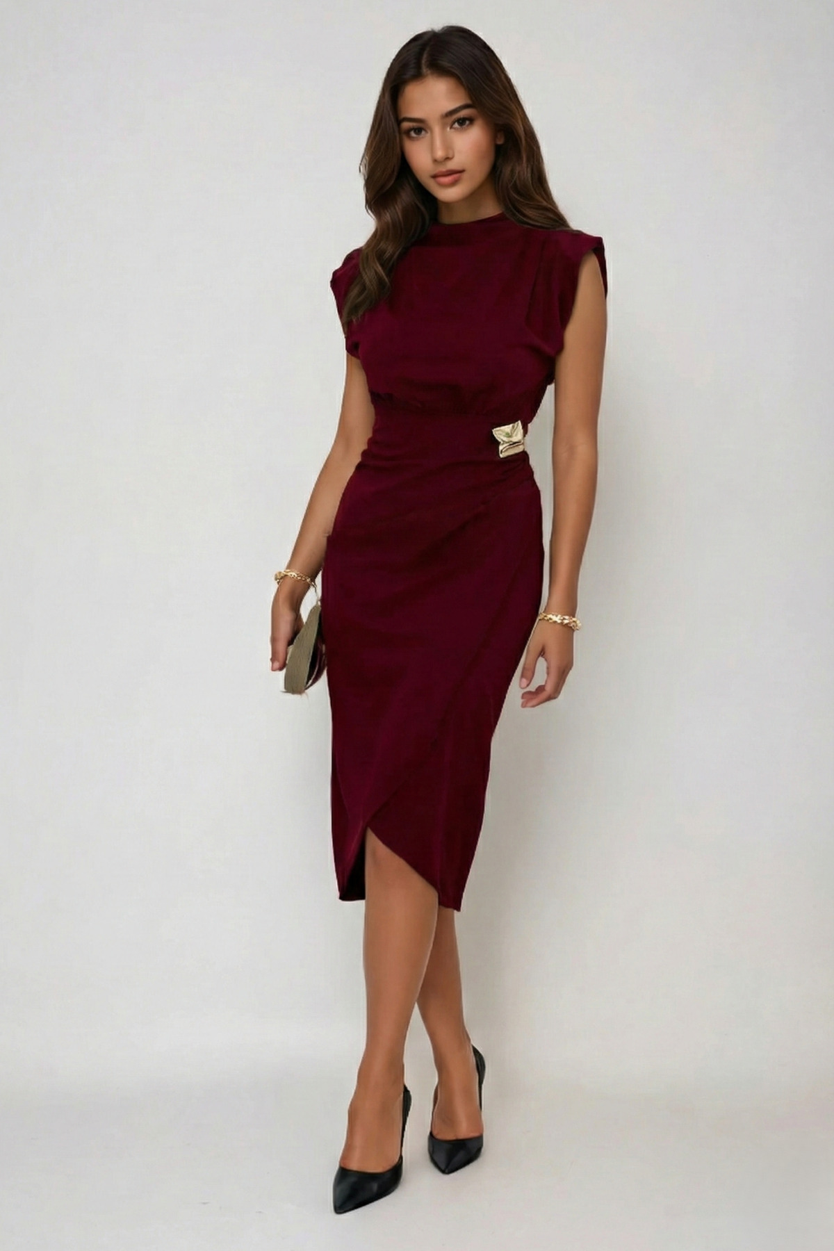 OLSAMODA  KADIN VATKALI BROŞ DETAYLI ESNEK KUMAŞ ANVELOP KESİM DÜĞÜN DAVET SÖZ NİŞAN ABİYE ELBİSESİ - Görsel 5