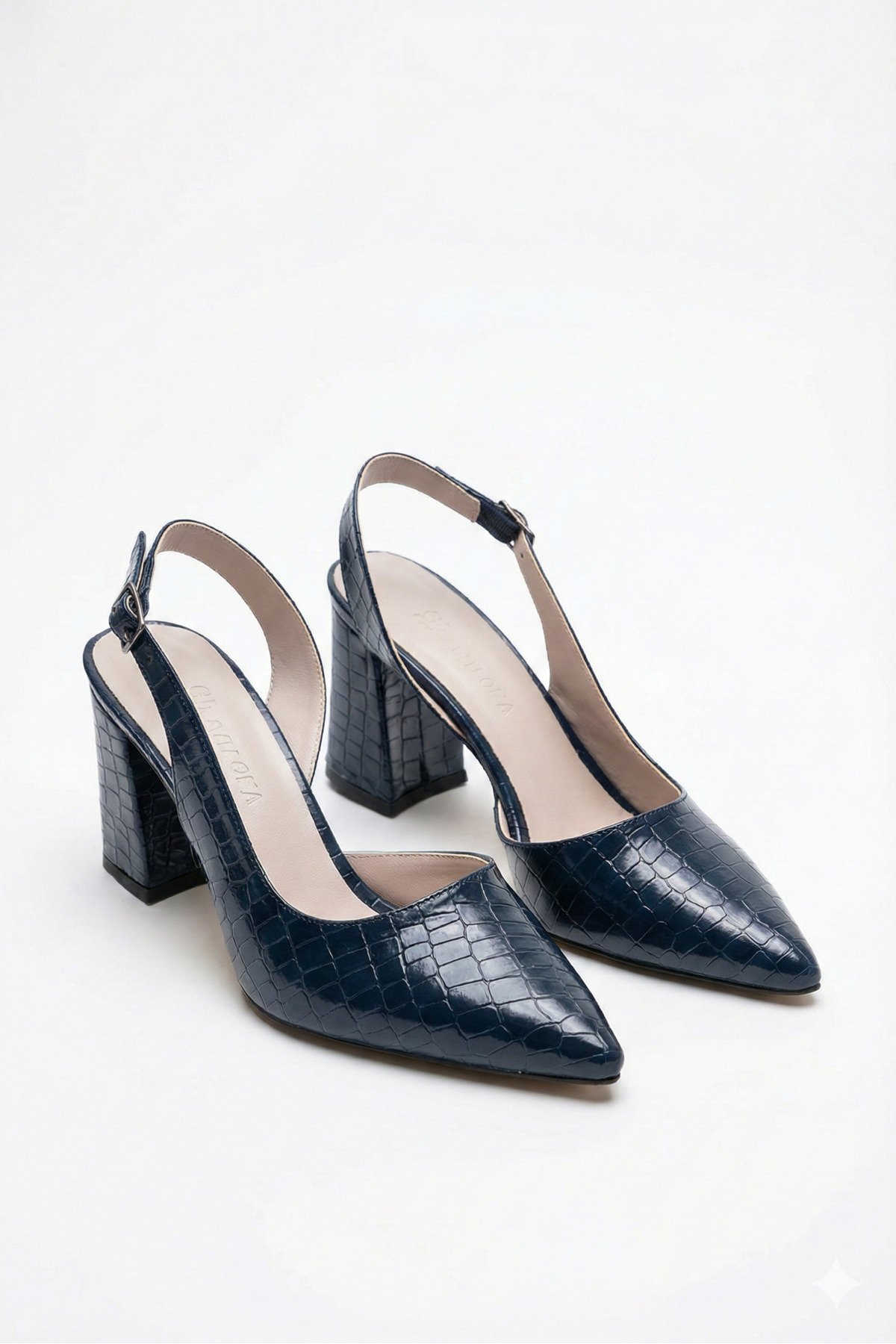 Women's Navy Blue Croco Asymmetrical Band Pointed Toe Thick Heel Shoes