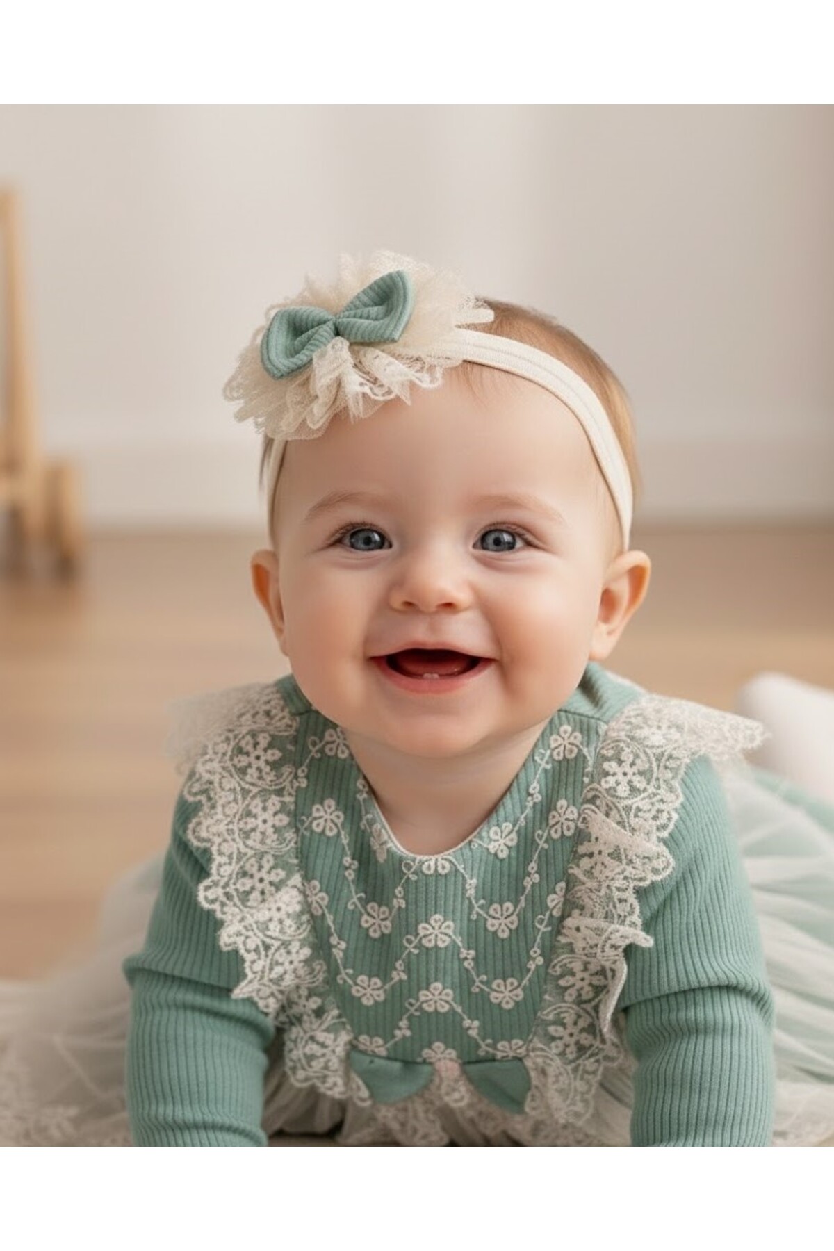 MİNİBORN YENİ DOĞAN KIZ UZUN KOLLU YEŞİL  RAPORLU ETEK TÜL DETAY LİTTLE DREAM ELBİSE SET fotoğrafı 2 (önizleme)