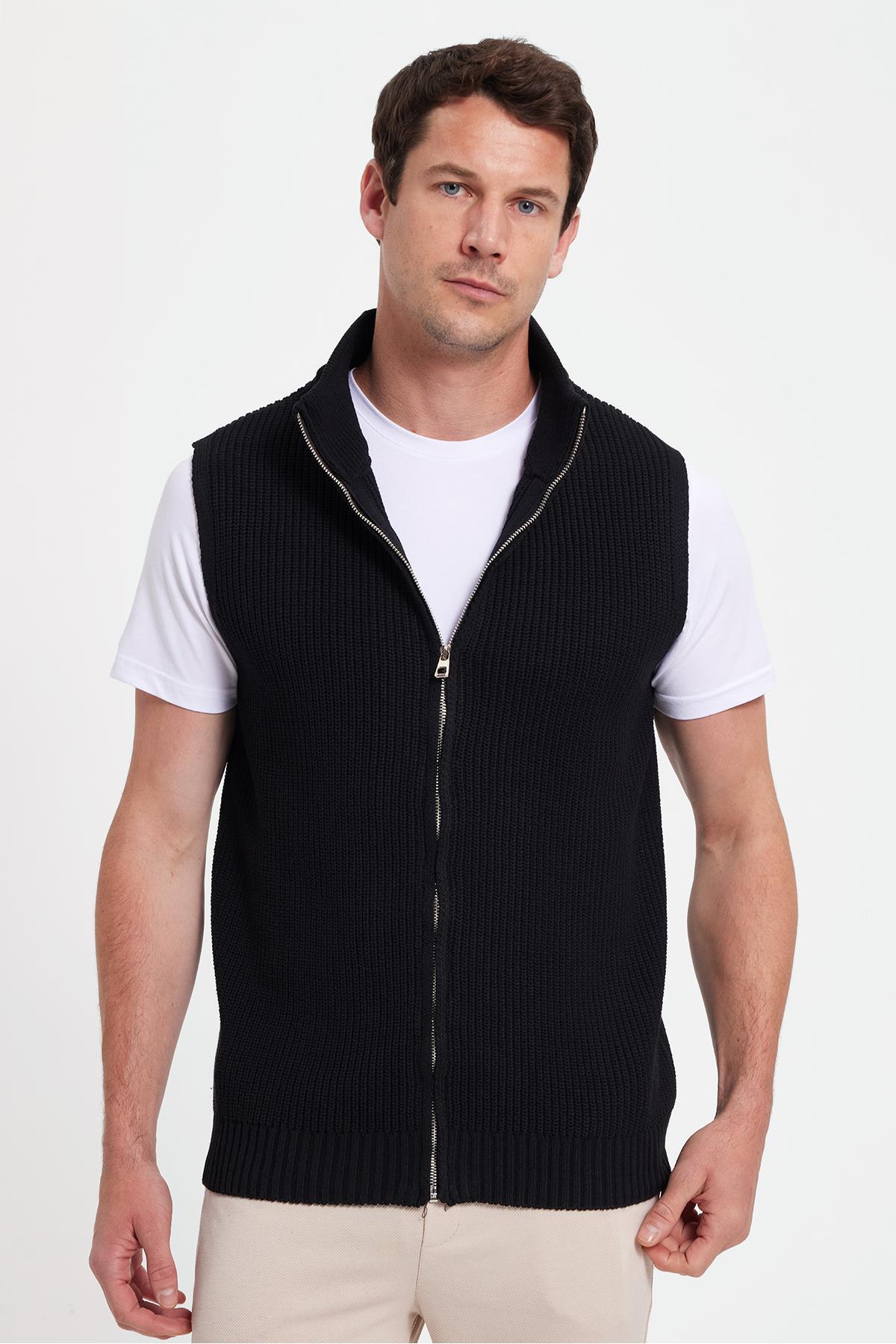 Tudors  Erkek Standart Fit Normal Kesim Fermuarlı Dik Yaka Sıcak Tutan Siyah Triko Yelek - Görsel 7